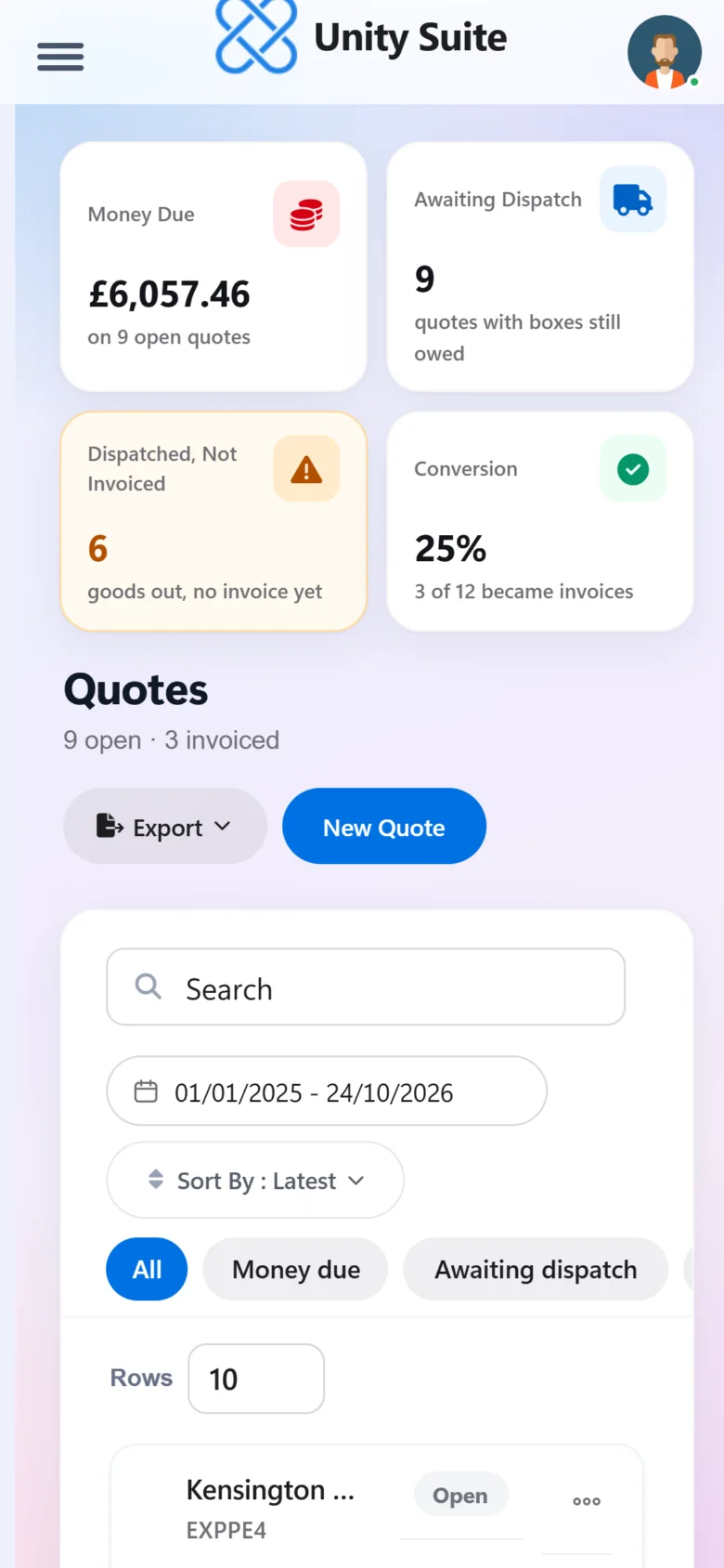 Unity Suite quotes on a phone