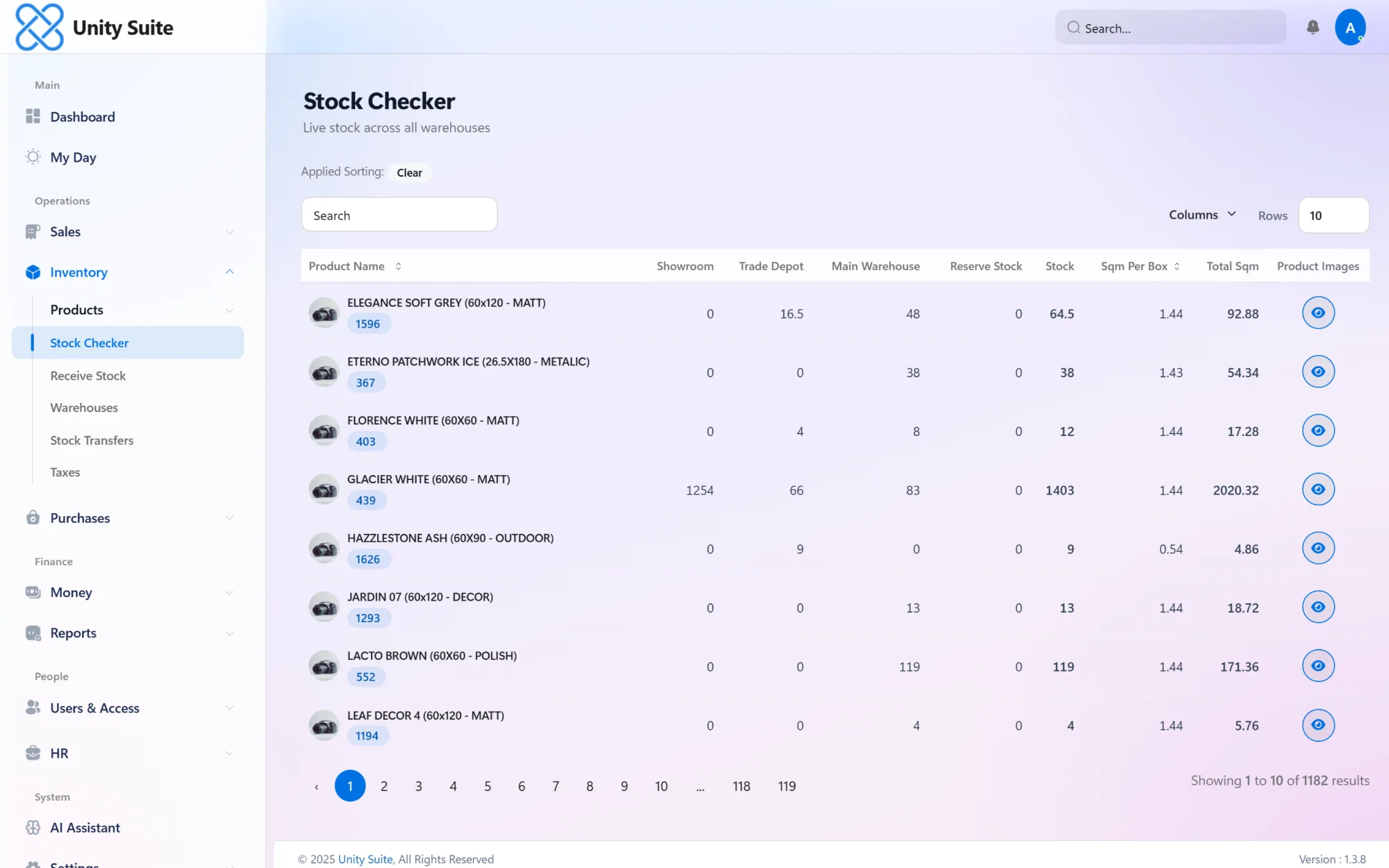 Unity Suite Stock screen